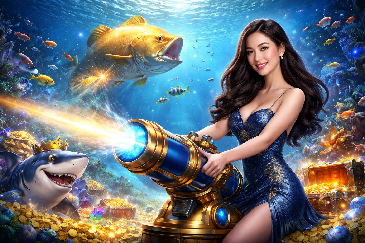 Hình ảnh đại dương sâu thẳm với nhiều loài cá và kho báu, tượng trưng cho game bắn cá VIP79